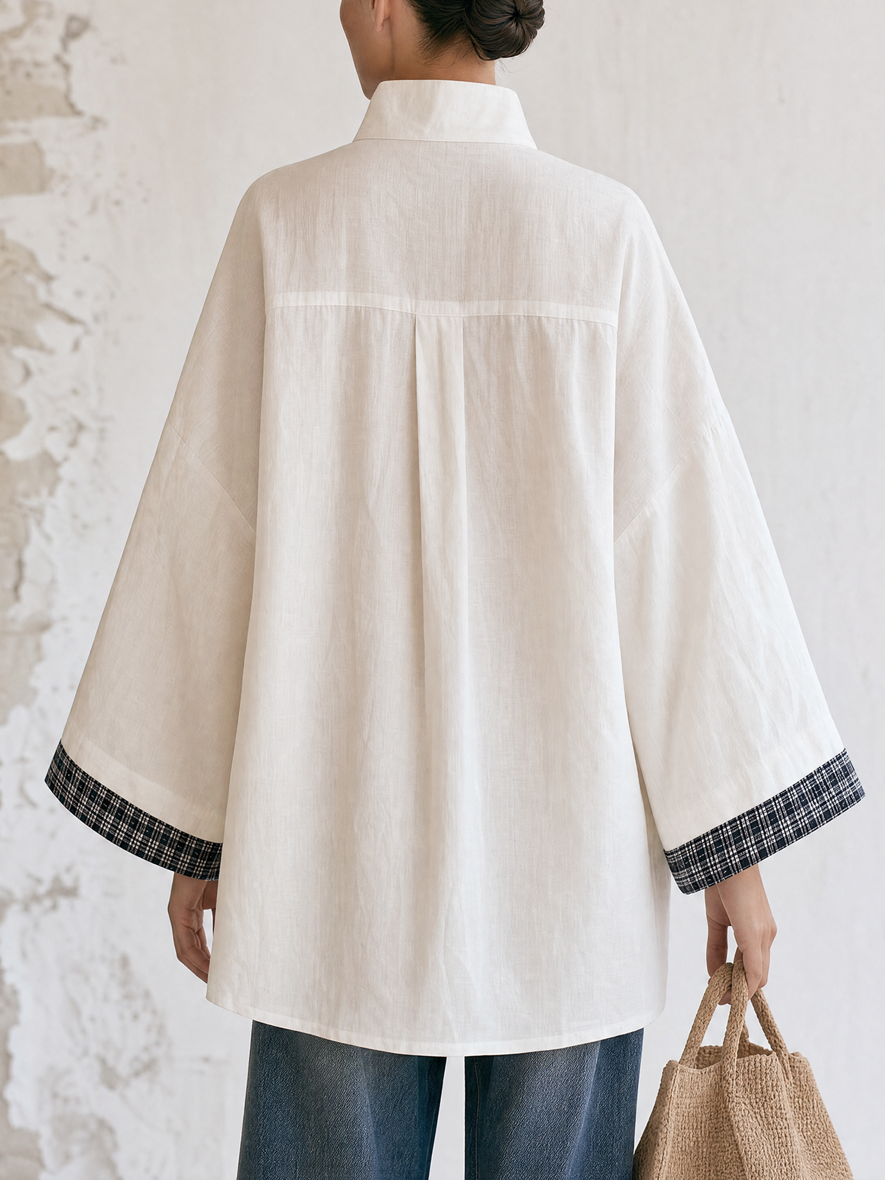 White Stand Collar V-Neck Tunic Top, Black Rose Embroidery Wide Sleeve Blouse With Contrast Plaid Cuffs