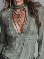 Vintage-style Tencel Blouse With Lace-trimmed Tapered Cuffs