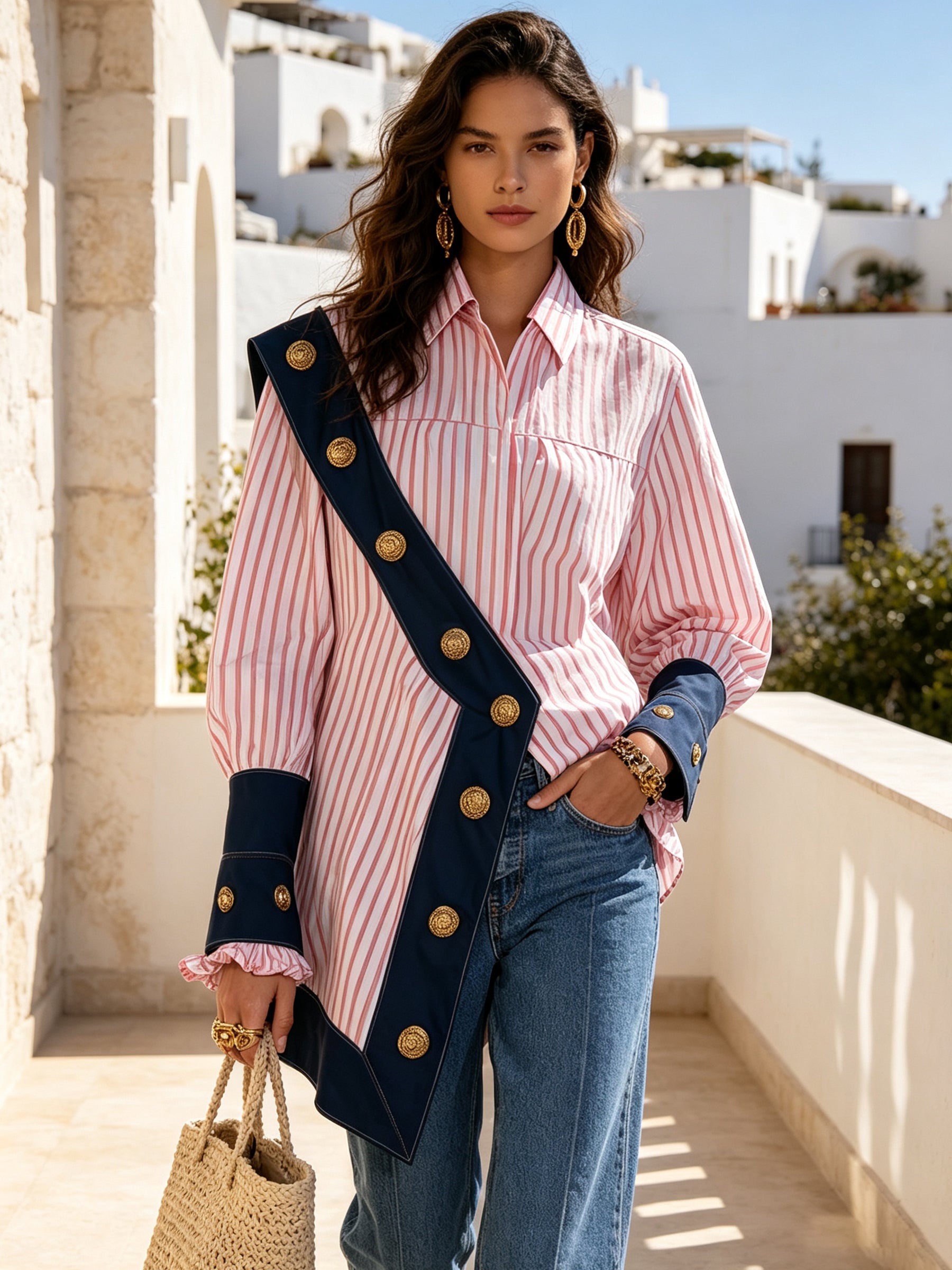 Elegant Contrast Stripe Button-Up Blouse – Chic Long Sleeve Statement Shirt