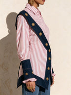 Elegant Contrast Stripe Button-Up Blouse – Chic Long Sleeve Statement Shirt
