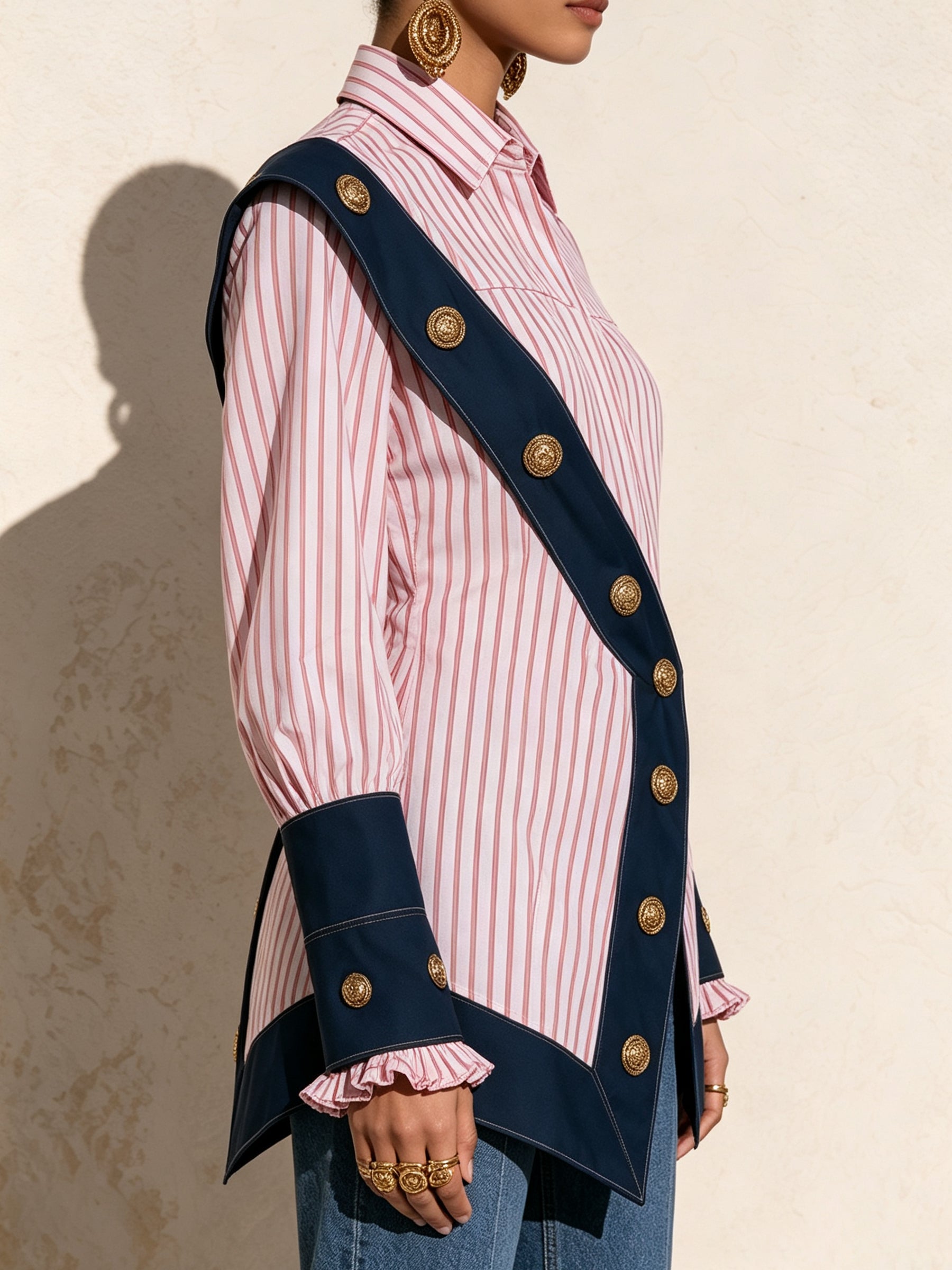 Elegant Contrast Stripe Button-Up Blouse – Chic Long Sleeve Statement Shirt