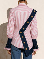 Elegant Contrast Stripe Button-Up Blouse – Chic Long Sleeve Statement Shirt