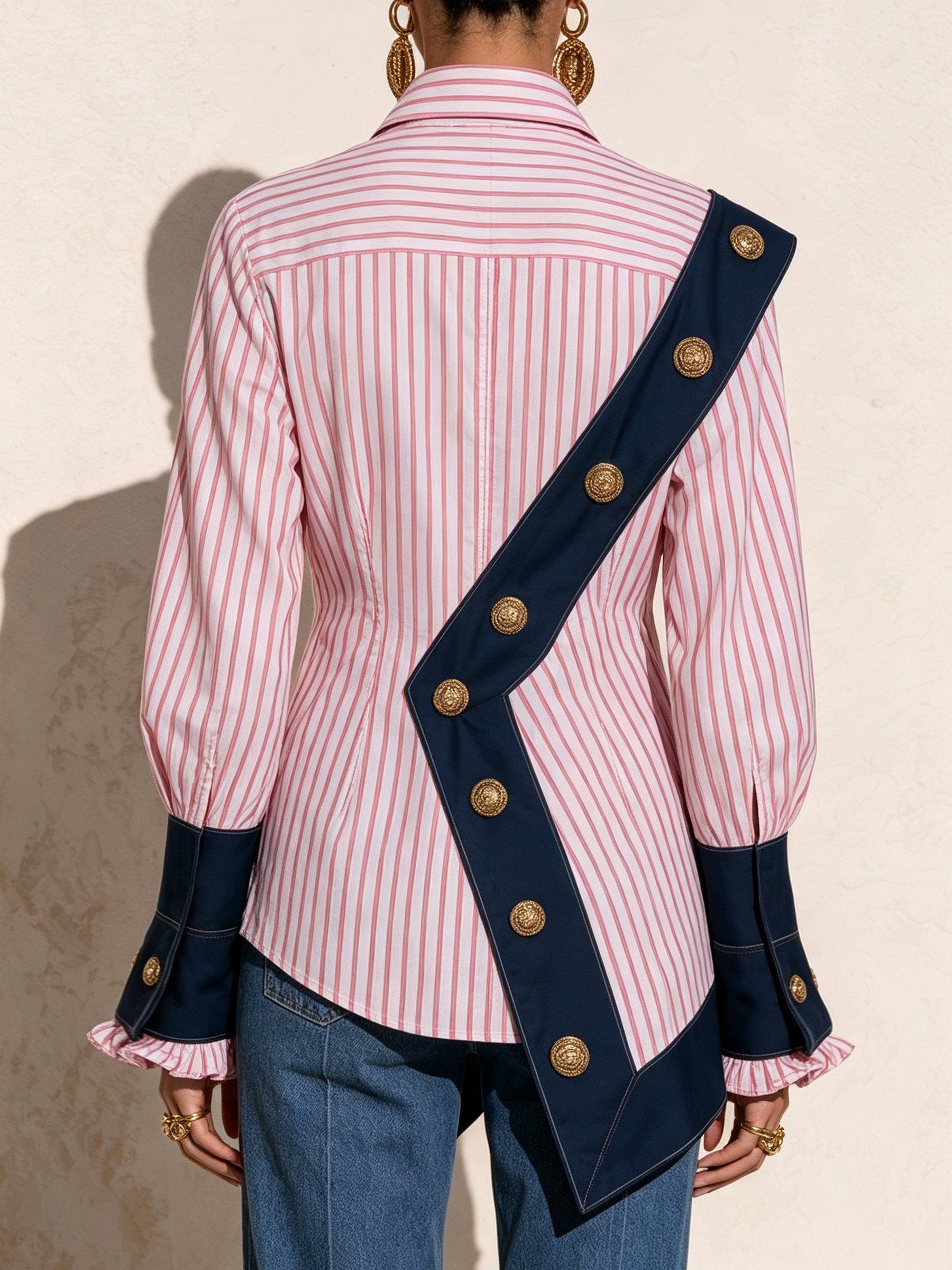 Elegant Contrast Stripe Button-Up Blouse – Chic Long Sleeve Statement Shirt
