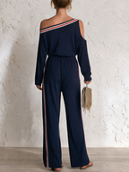 Navy Off‑Shoulder Contrast Stripe Knit Two‑Piece Wide‑Leg Set
