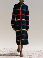 Vintage Striped Knit Cardigan Coat – Longline Button-Up Sweater Jacket