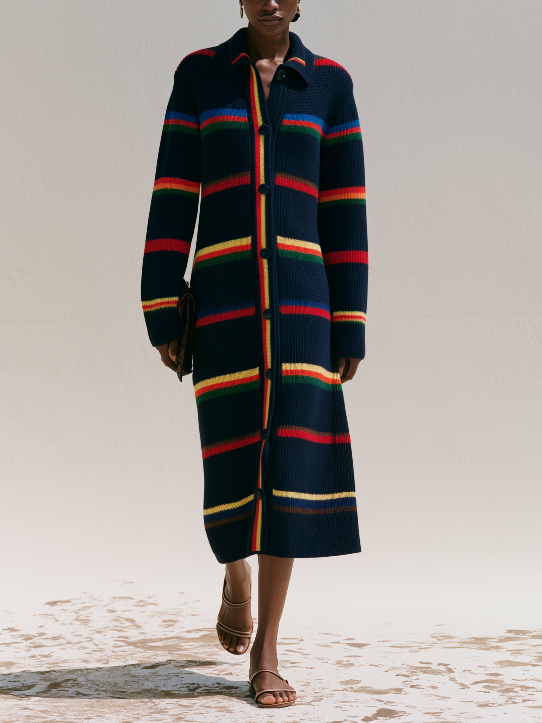 Vintage Striped Knit Cardigan Coat – Longline Button-Up Sweater Jacket