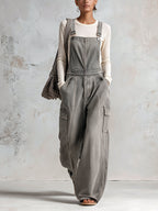 Women’s Washed Gray Utility Overalls – Wide Leg Cargo Bib Jumpsuit