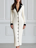 Cable Knit Contrast Collar Button-Front Sweater Midi Dress