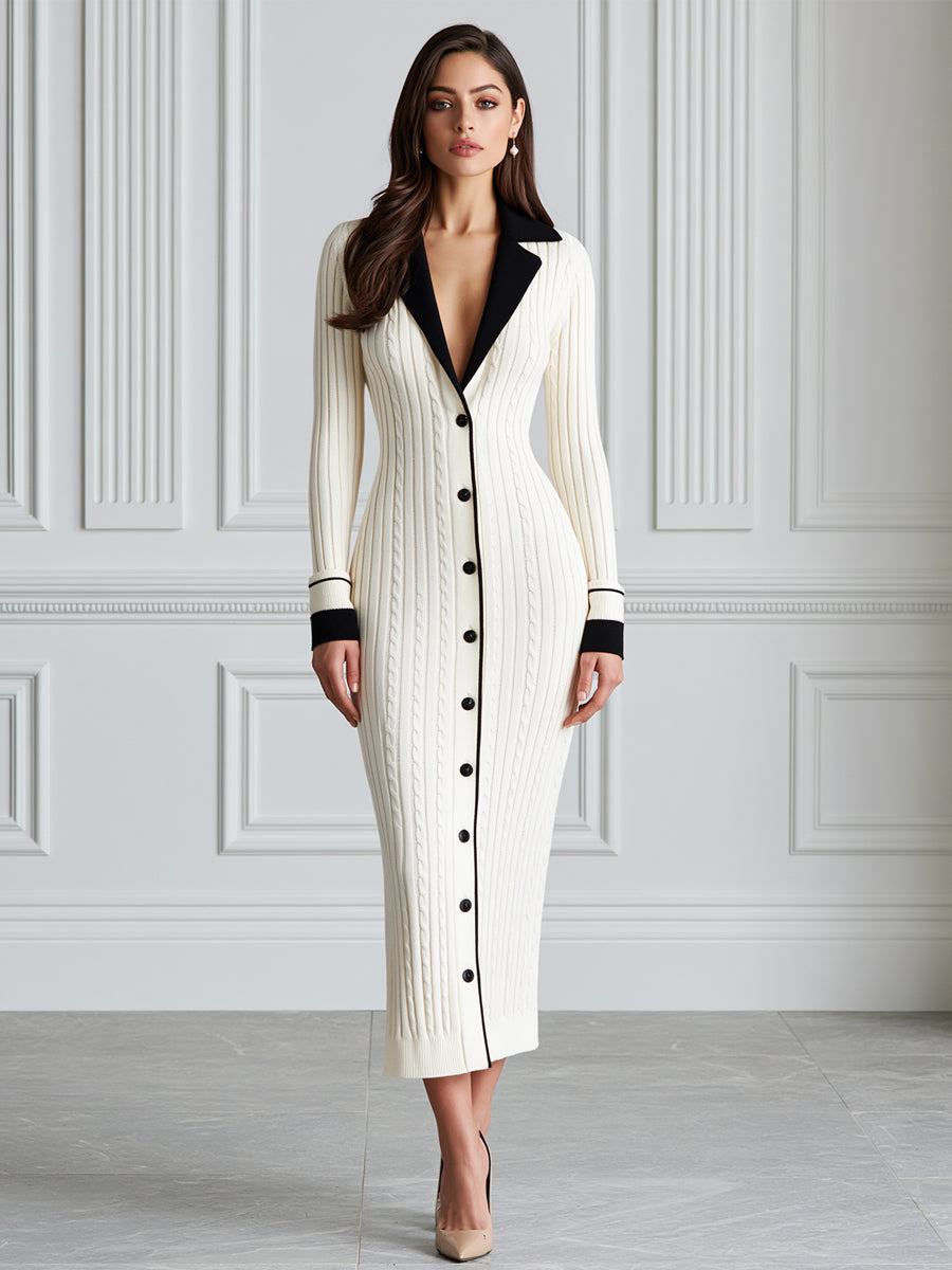Cable Knit Contrast Collar Button-Front Sweater Midi Dress