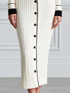 Cable Knit Contrast Collar Button-Front Sweater Midi Dress