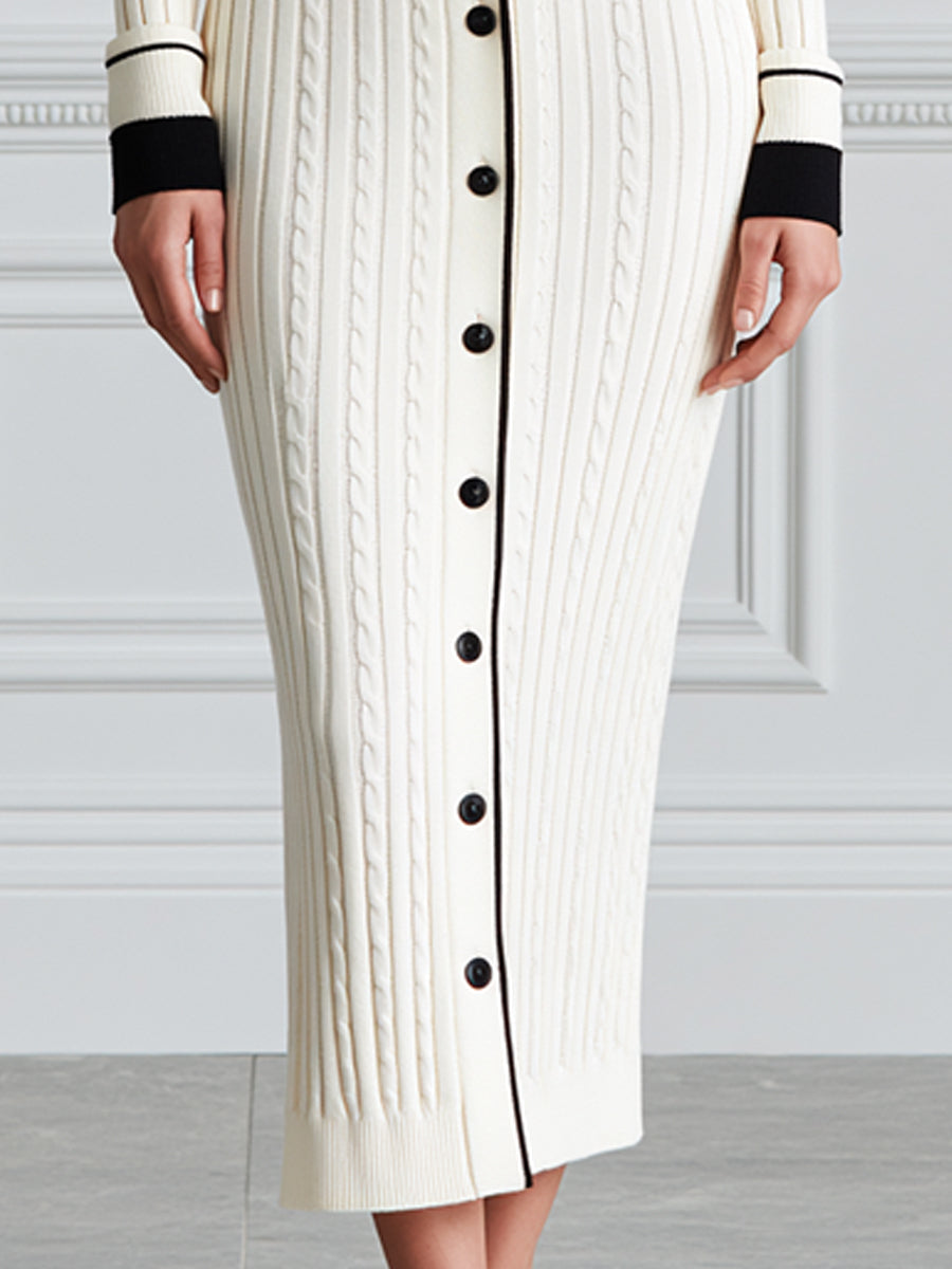 Cable Knit Contrast Collar Button-Front Sweater Midi Dress