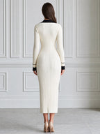 Cable Knit Contrast Collar Button-Front Sweater Midi Dress