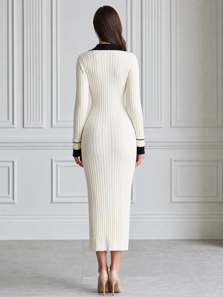 Cable Knit Contrast Collar Button-Front Sweater Midi Dress