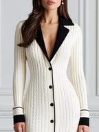 Cable Knit Contrast Collar Button-Front Sweater Midi Dress