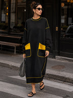 Women’s Oversized Black Midi Dress With Contrast Yellow Piping & Statement Pockets