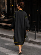Women’s Oversized Black Midi Dress With Contrast Yellow Piping & Statement Pockets
