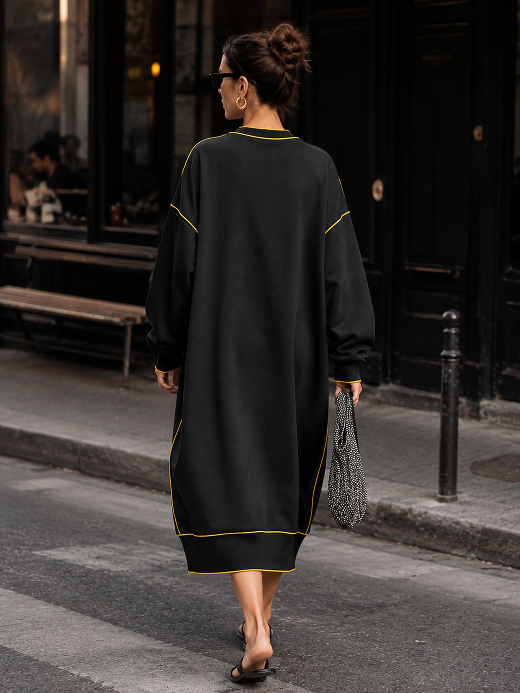 Women’s Oversized Black Midi Dress With Contrast Yellow Piping & Statement Pockets