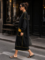 Women’s Oversized Black Midi Dress With Contrast Yellow Piping & Statement Pockets