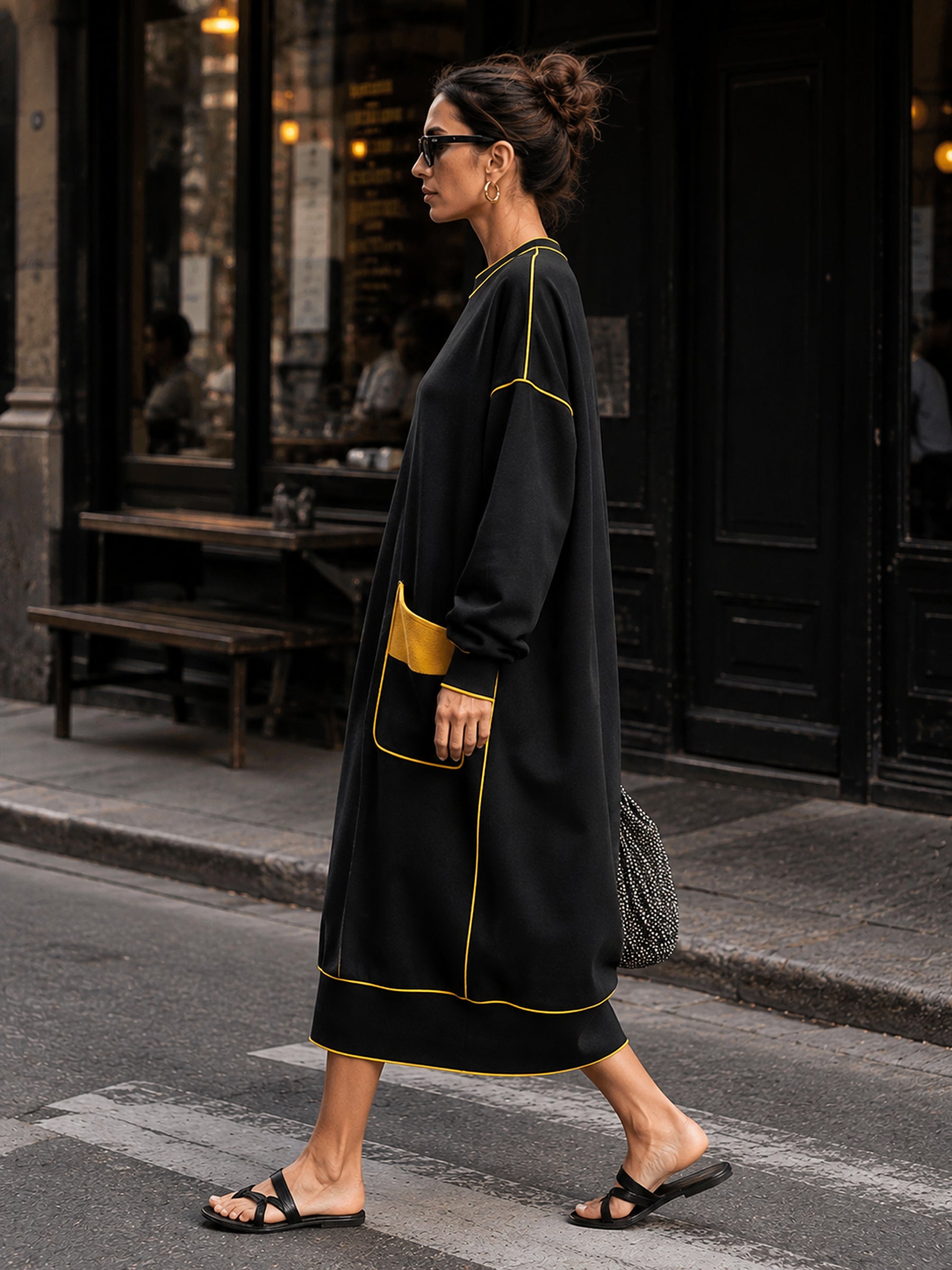 Women’s Oversized Black Midi Dress With Contrast Yellow Piping & Statement Pockets
