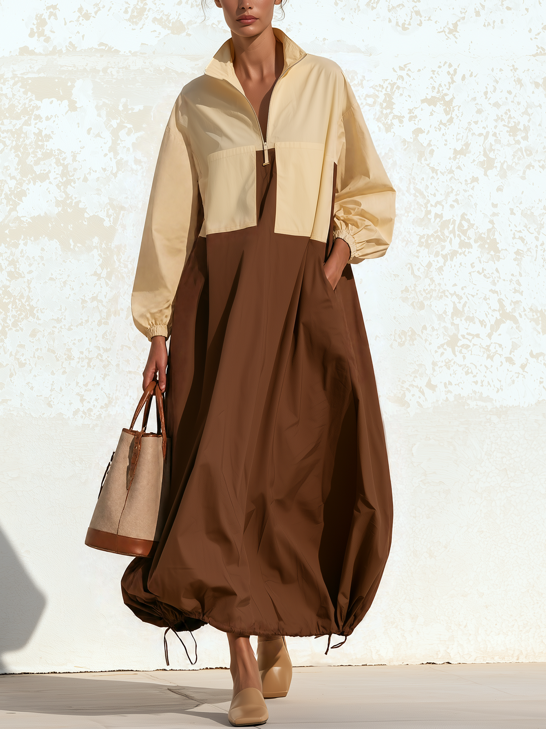 Color‑Block Half‑Zip Stand Collar Drawstring Hem Maxi Dress