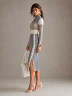 Elegant Colorblock Ribbed Knit Cutout Long Sleeve Bodycon Midi Dress with Button Slit Detail