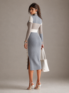 Elegant Colorblock Ribbed Knit Cutout Long Sleeve Bodycon Midi Dress with Button Slit Detail