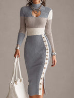 Elegant Colorblock Ribbed Knit Cutout Long Sleeve Bodycon Midi Dress with Button Slit Detail
