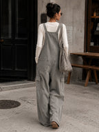 Women’s Washed Gray Utility Overalls – Wide Leg Cargo Bib Jumpsuit