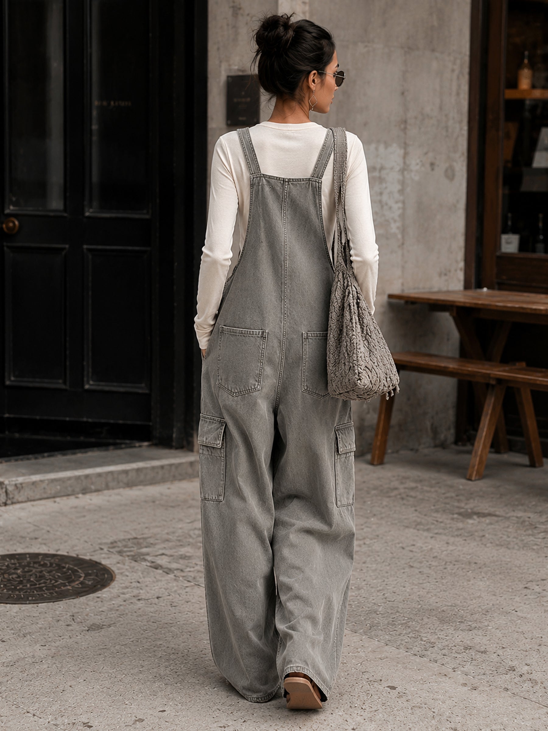 Women’s Washed Gray Utility Overalls – Wide Leg Cargo Bib Jumpsuit