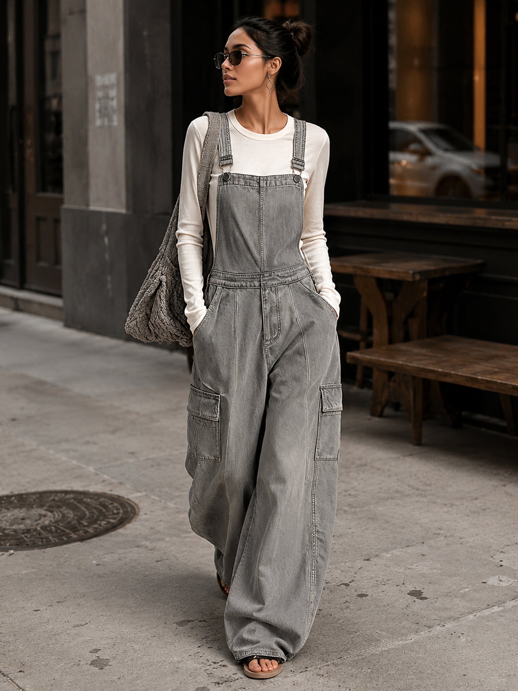 Women’s Washed Gray Utility Overalls – Wide Leg Cargo Bib Jumpsuit
