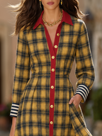 Retro Color-blocked Plaid Long Sleeve Maxi Dress