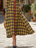 Retro Color-blocked Plaid Long Sleeve Maxi Dress