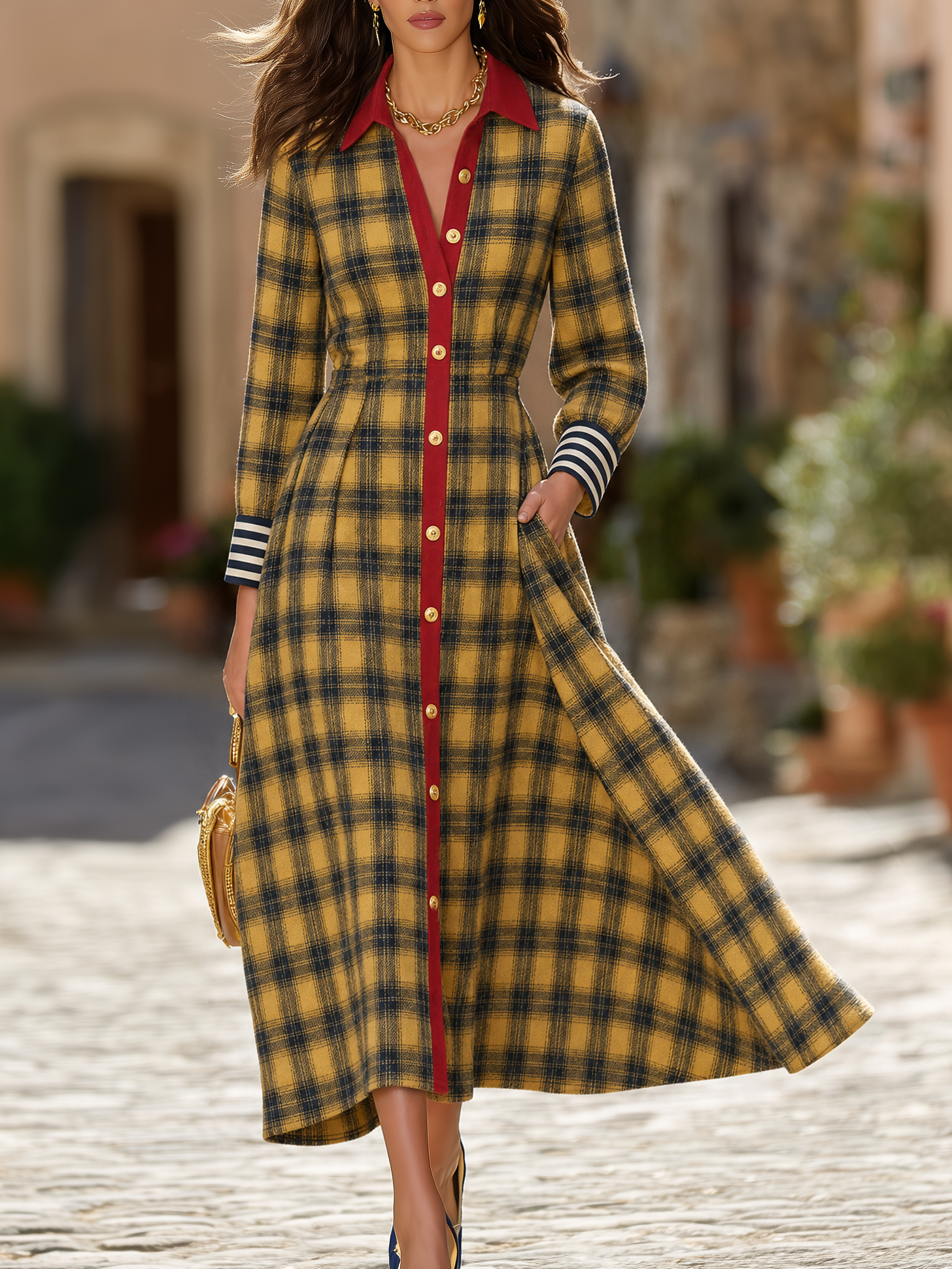 Retro Color-blocked Plaid Long Sleeve Maxi Dress