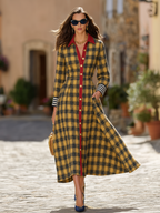 Retro Color-blocked Plaid Long Sleeve Maxi Dress