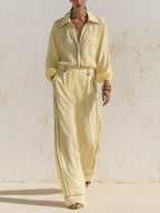 Elegant Contrast Trim Wide-Leg Jumpsuit – Minimalist Chic Long Sleeve Set