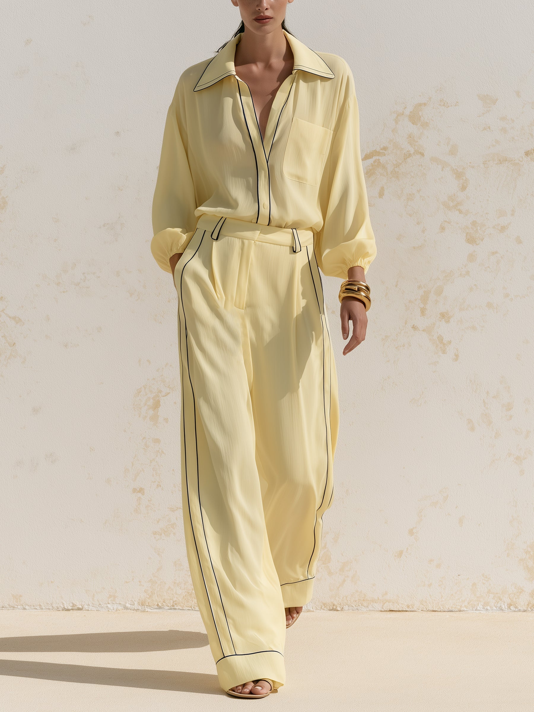 Elegant Contrast Trim Wide-Leg Jumpsuit – Minimalist Chic Long Sleeve Set