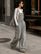 Women’s Washed Gray Utility Overalls – Wide Leg Cargo Bib Jumpsuit