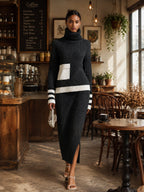 Women’s Black & Cream Ribbed Knit 2-Piece Set – Turtleneck Sweater & Midi Skirt