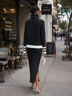 Women’s Black & Cream Ribbed Knit 2-Piece Set – Turtleneck Sweater & Midi Skirt