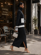 Women’s Black & Cream Ribbed Knit 2-Piece Set – Turtleneck Sweater & Midi Skirt