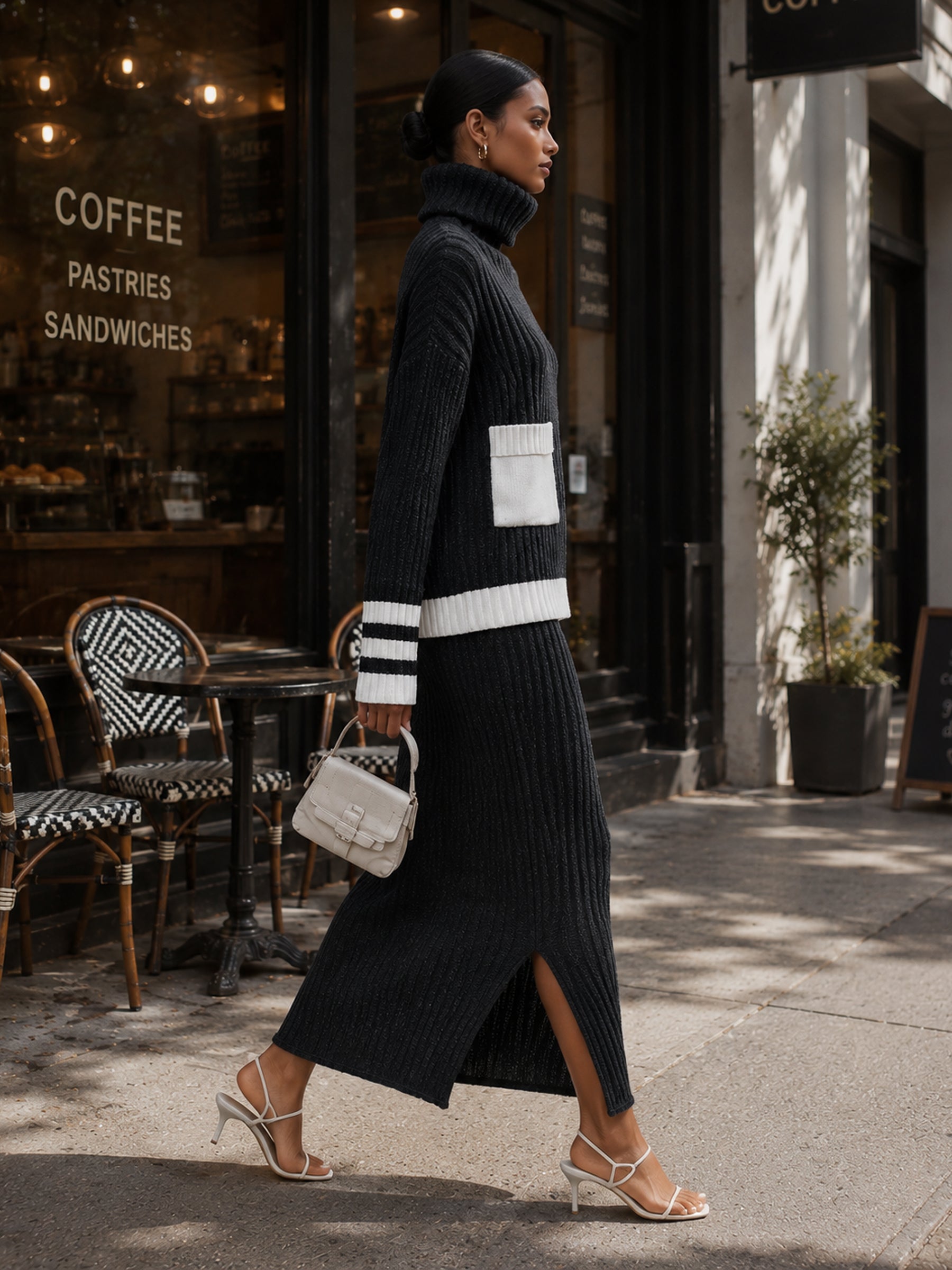 Women’s Black & Cream Ribbed Knit 2-Piece Set – Turtleneck Sweater & Midi Skirt