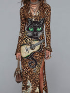 Retro Rock-style Leopard And Cat Print High-slit Maxi Dress