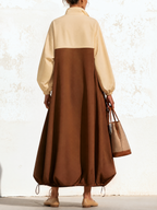 Color‑Block Half‑Zip Stand Collar Drawstring Hem Maxi Dress