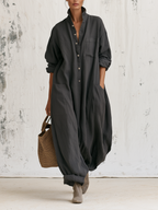 Dark Grey Stand Collar Linen Blend Jumpsuit