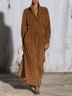 Camel Suede Texture Utility Maxi Dress, Stand Collar Long Sleeve Drawstring Waist Cargo Dress With Multi Pockets