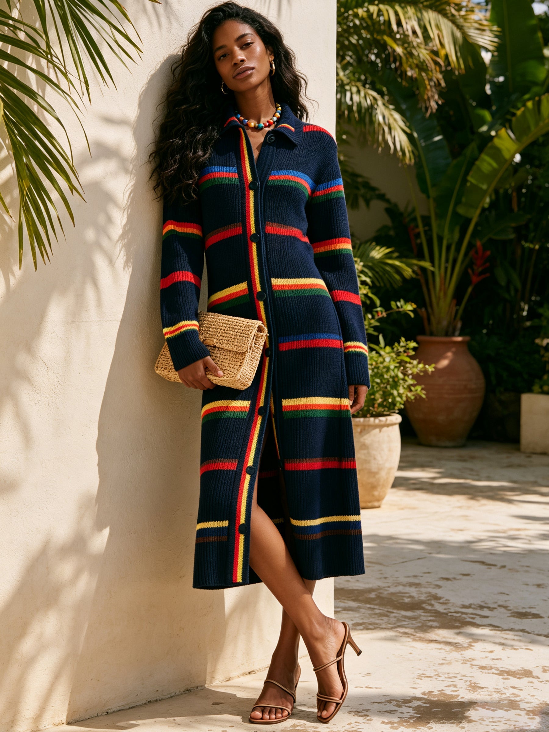 Vintage Striped Knit Cardigan Coat – Longline Button-Up Sweater Jacket