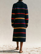 Vintage Striped Knit Cardigan Coat – Longline Button-Up Sweater Jacket