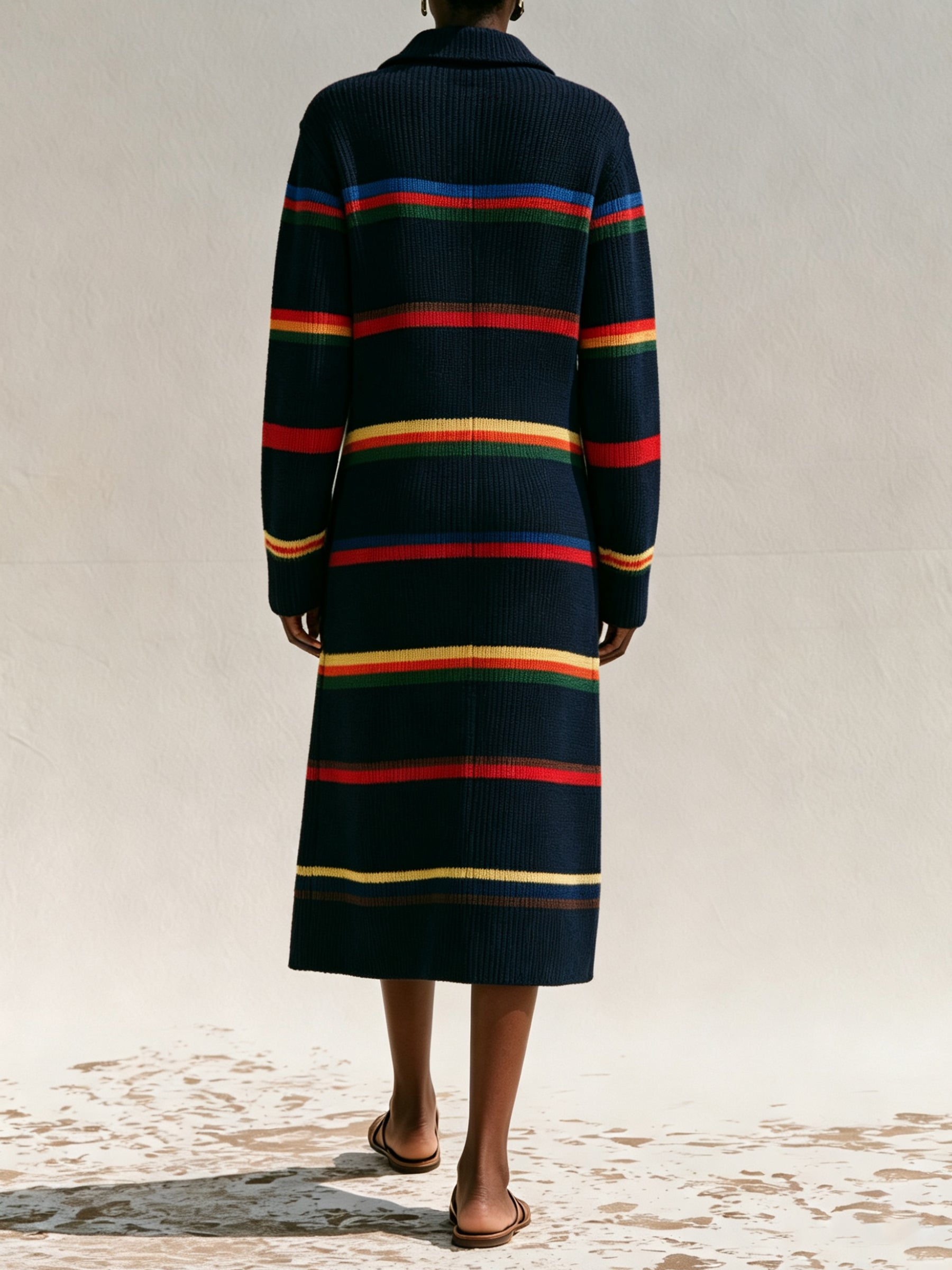 Vintage Striped Knit Cardigan Coat – Longline Button-Up Sweater Jacket