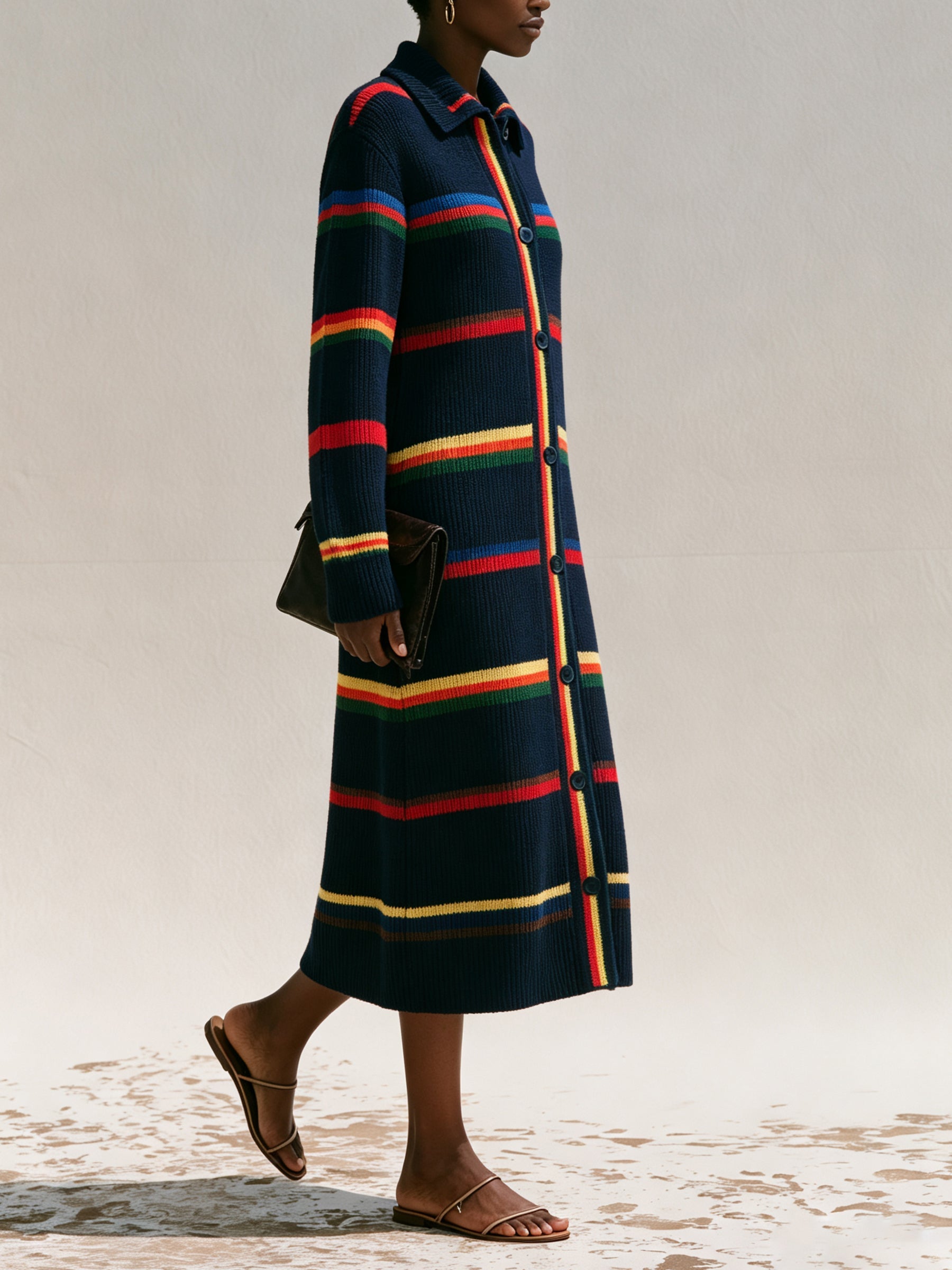 Vintage Striped Knit Cardigan Coat – Longline Button-Up Sweater Jacket