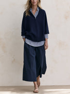 Navy Stripe Layered Knit Set – Relaxed Pullover Sweater & Wide-Leg Pants Outfit